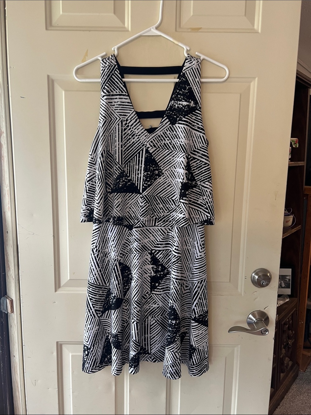 Metaphor Black & White Geometric V-Neck Midi Dress